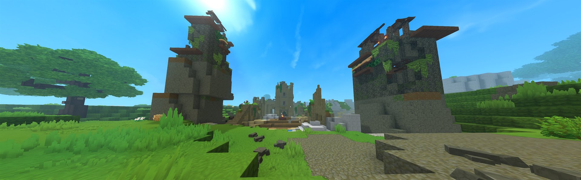 A Hytale world: overgrown ruins above a path, sun breaking through the towers